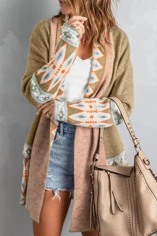 Khaki Aztec Knit Duster Cardigan