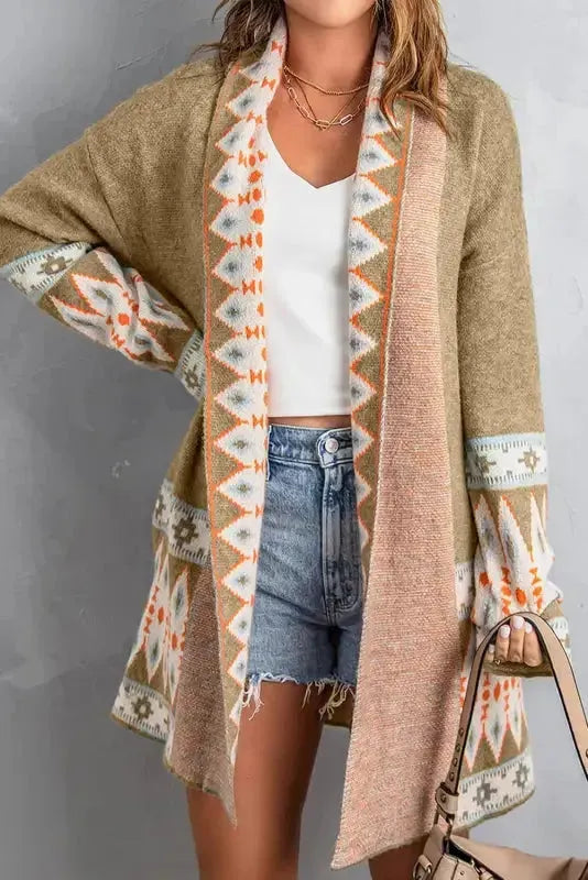 Khaki Aztec Knit Duster Cardigan