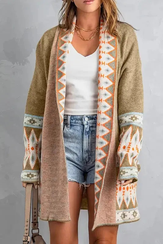 Khaki Aztec Knit Duster Cardigan