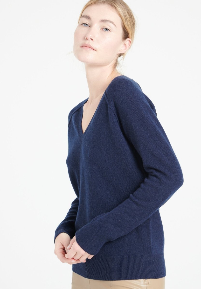 Maglione Scollo a V Cashmere Blu Navy Donna - Lilly