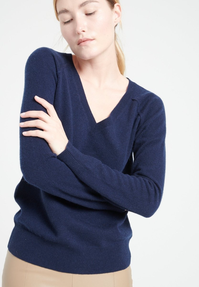 Maglione Scollo a V Cashmere Blu Navy Donna - Lilly
