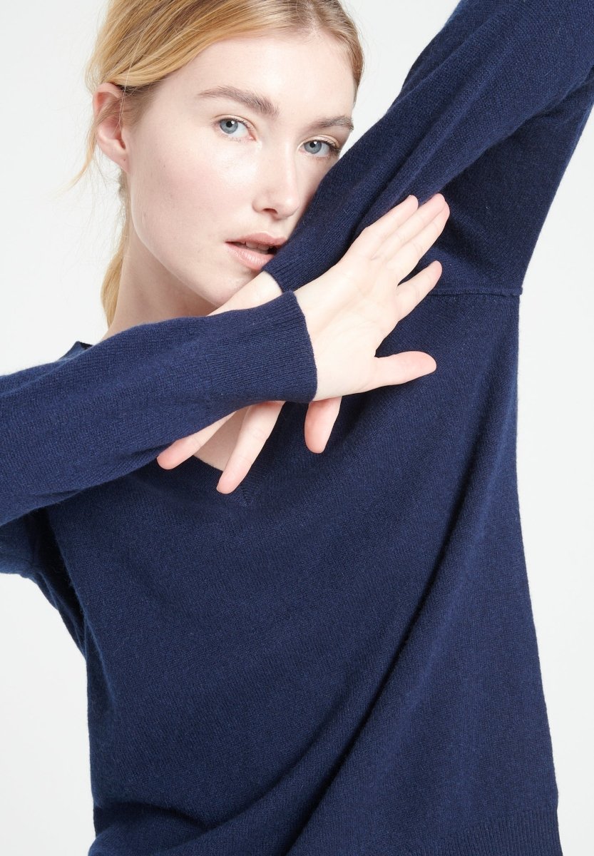 Maglione Scollo a V Cashmere Blu Navy Donna - Lilly