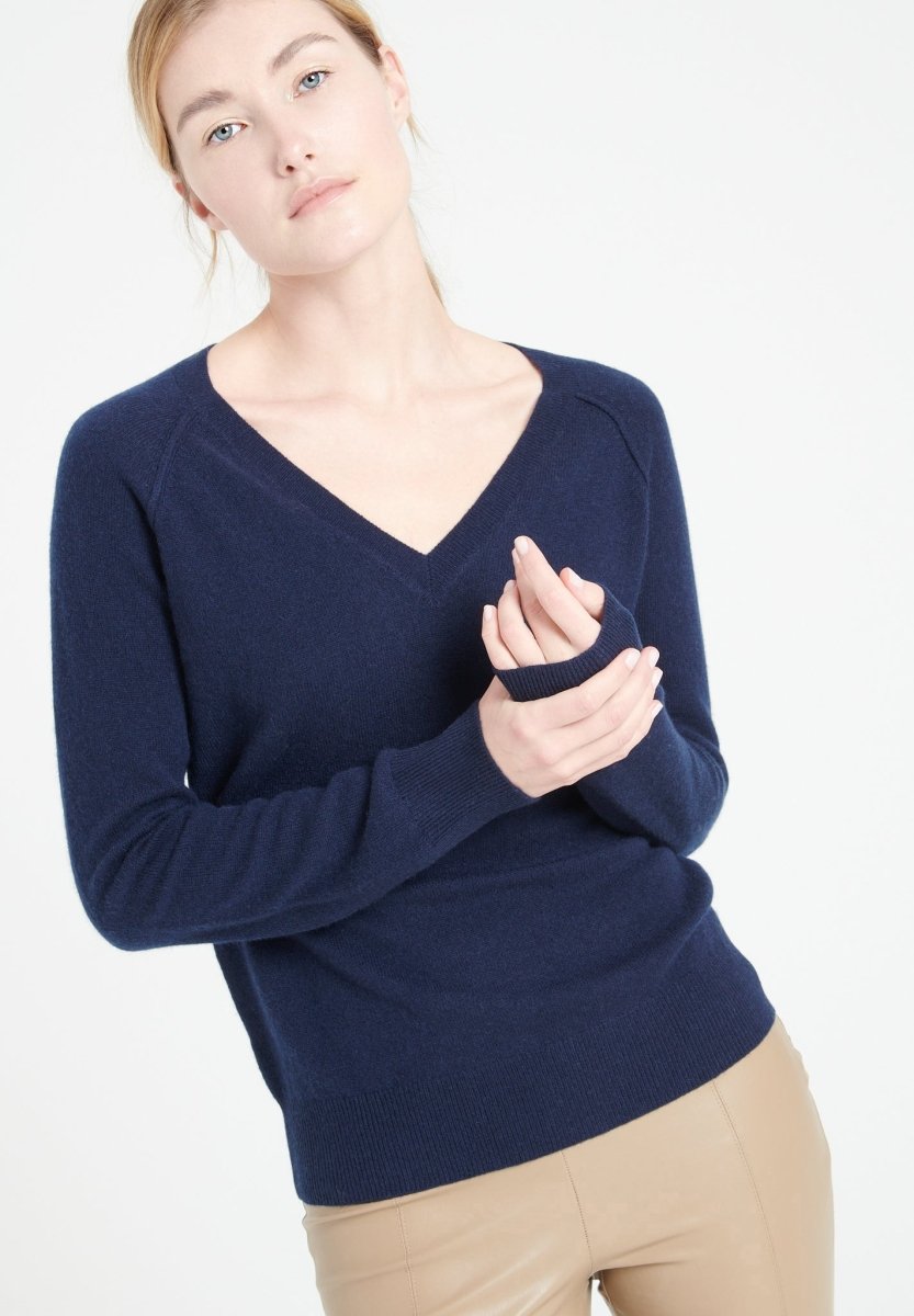 Maglione Scollo a V Cashmere Blu Navy Donna - Lilly
