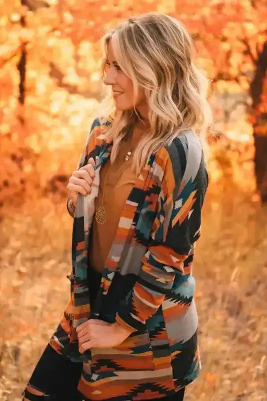 Orange Western Aztec Knit Cardigan