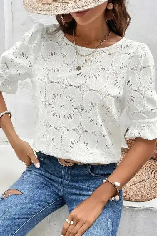 White Flower Eyelet Jacquard Top